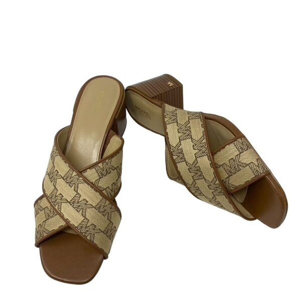 MK Michael Kors Sz 9 Abbott Open Toe Mule Beige/Ebony Logo Block Heel NWOB - Picture 5 of 9